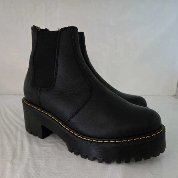 Dr. Martens Black Platform Heeled Boots with Yellow Stitching - Picture 1 of 8